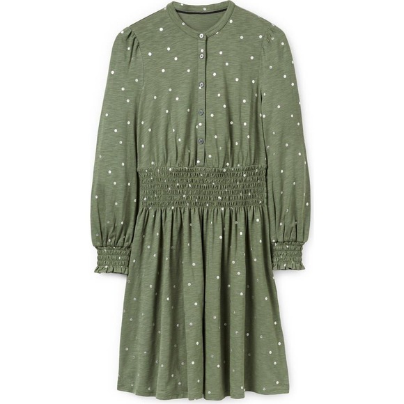 Boden Dresses & Skirts - Boden Smocked Button Front Long Sleeve Cotton Blend Dress Green Dots 12R NWT